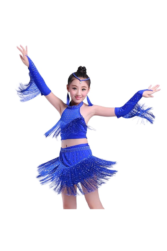 Girls Dance Outfits Performance Fringe Latin Dress Set for Stage Shows Party Celebrations Summer Wear 2 15 Years