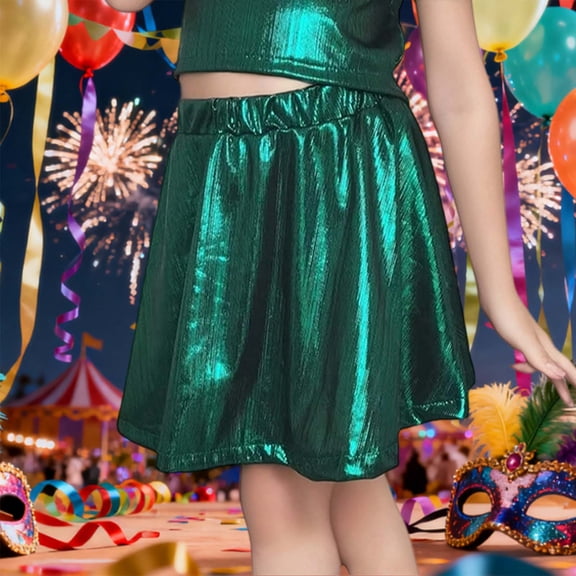 Huowey Girls Dance Skirt Shiny Sparkling Ruffled Elastic Waistband Flared Pleated Mini Skirts Performance Streetwear,Multicolor,6-7 Years