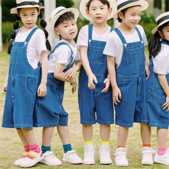 Huowey Girls Denim Overalls Jumpsuit Spring Summer Fashionable Solid Color Vintage Casual Romper Button Adjustable Strap Front Pockets Loose Fit Wide Leg Suspender Trousers,Blue,2-3 Years