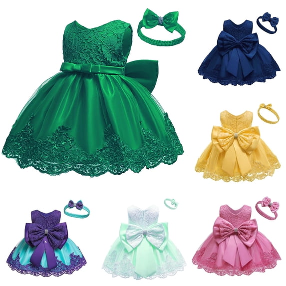 Huowey Girls Dresses A-Line Solid Color Sleeveless Crewneck Elegant Lace Tulle Dress For Baby Summer Party Princess Gown With Bow Headband Birthday Party Wedding Formal Outfit,Green