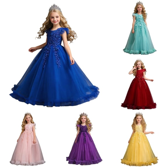 Huowey Girls Dresses A-Line Solid Color Sleeveless Crewneck Lace Tulle Pageant Dress Ruffle Shoulder Formal Ball Gown For Wedding Birthday Party Flower Girl Photography Event Clothes,Blue