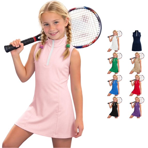 Huowey Girls Dresses A-Line Solid Color Sleeveless Quarter Zip Tennis Dress Stand Collar Athletic Sport Quick Dry Performance Mini Dress For Golf Running Training Dailywear ,Pink