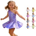 thumbnail image 1 of Huowey Girls Dresses A-Line Solid Color Sleeveless Sequin One Shoulder Skater Mini Dress Flared Twirl Skirt Sparkly Performance Carnival Stage Show Birthday Party Kids Dancewear,Purple, 1 of 4