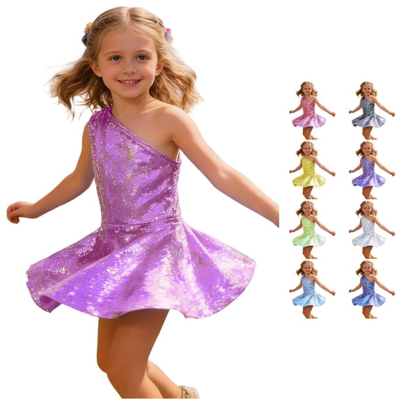 Huowey Girls Dresses A-Line Solid Color Sleeveless Sequin One Shoulder Skater Mini Dress Flared Twirl Skirt Sparkly Performance Carnival Stage Show Birthday Party Kids Dancewear,Hot Pink