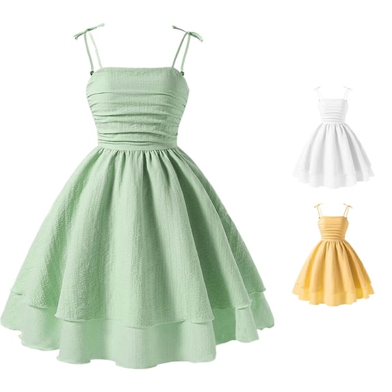Huowey Girls Dresses A-Line Solid Color Square Collar Spaghetti Strap Summer Dress Sleeveless Strappy Casual For Kids Age 8 12 Elastic Comfortable Outdoor Play Outfit,Green