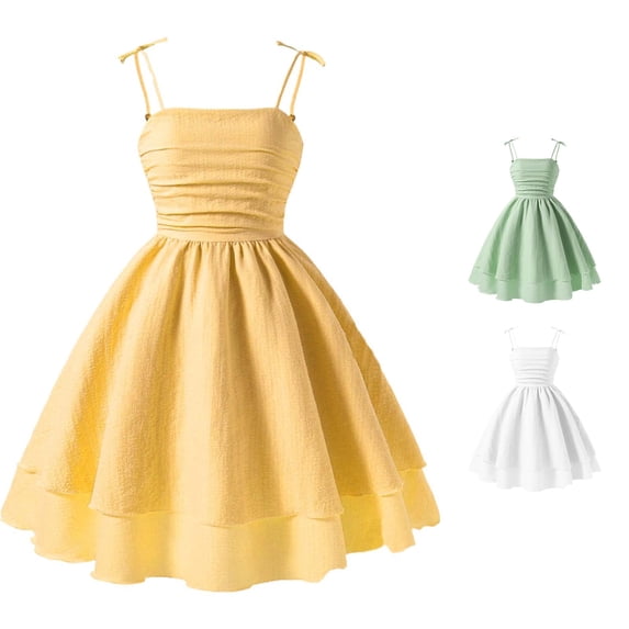 Huowey Girls Dresses A-Line Solid Color Square Collar Spaghetti Strap Summer Dress Sleeveless Strappy Casual For Kids Age 8 12 Elastic Comfortable Outdoor Play Outfit,Yellow