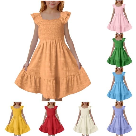 Huowey Girls Dresses Solid Color Ruffle Sleeves Elegant A Line Tiered Loose Fit Square Collar Midi Length Summer Dress For Kids Youth Lightweight Breathable Holiday Beach Clothes,d-Orange,3-4 Years