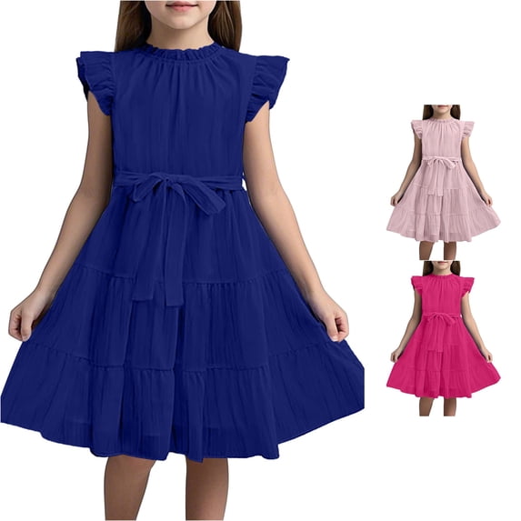 Huowey Girls Dresses Solid Color Ruffle Sleeves Elegant A Line Tiered Loose Fit Square Collar Midi Length Summer Dress For Kids Youth Lightweight Breathable Holiday Beach Clothes,a-Dark Blue,120