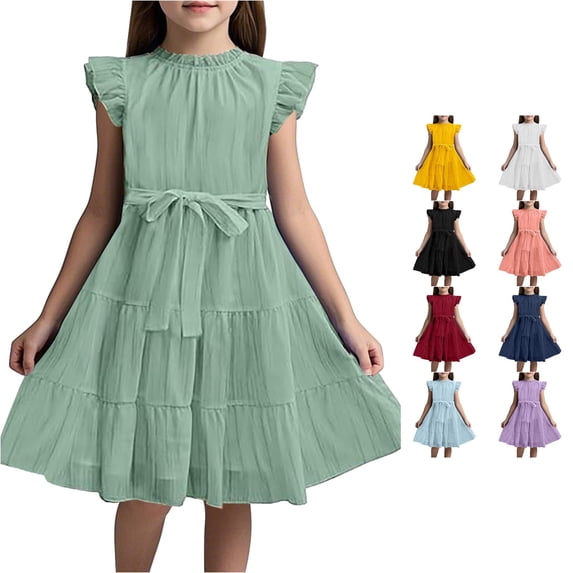 Huowey Girls Dresses Solid Color Ruffle Sleeves Elegant A Line Tiered Loose Fit Square Collar Midi Length Summer Dress For Kids Youth Lightweight Breathable Holiday Beach Clothes,b-Green,160