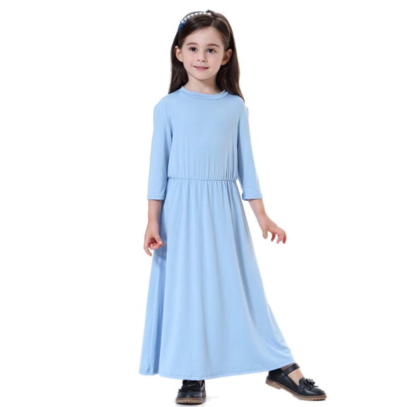 Huowey Girls Elegant Dresses 3/4 Sleeve Round Neck Maxi Dress For Teen Girls High Waist Casual Party Wear Comfortable Dailywear,Blue,12-18 Months