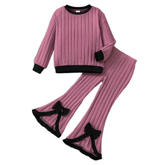 Huowey Girls Fall Outfit Fashionable Ribbed Knitted Long Sleeve Round Neck Color Block Top With Cute Bow Flared Pants Comfortable Casual Stylish Clothing Set,Red,6-7 Years