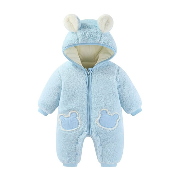 Huowey Girls Fall Outfit Fuzzy Thick Thermal Romper Zip Up Solid Color Hoodies Long Sleevejumpsuit Winter Warm Comfy Cute Animal Graphic Outwear,Sky Blue,12-18 Months