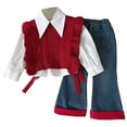 thumbnail image 1 of Huowey Girls Fall Winter 3 Piece Outfit Long Sleeve Button Down Shirt And Crew Neck Ruffled Sweater Vest Matching Flared Trousers Set,Red,2-3 Years, 1 of 5