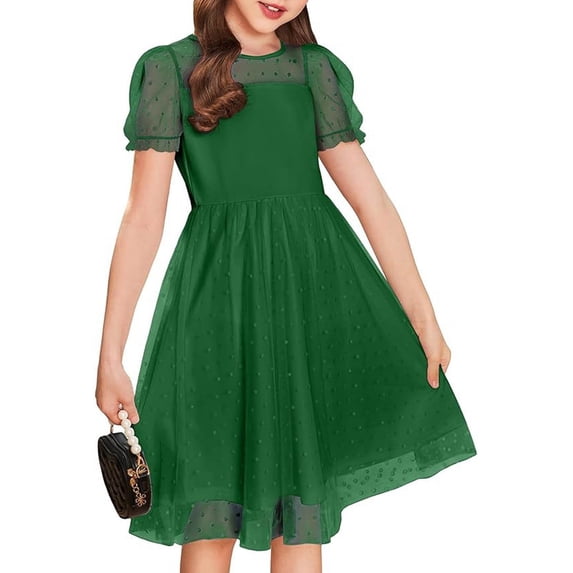 Huowey Girls Fashion Casual Dresses Polka Dot Short Sleeve Round Neck Mesh Patchwork Puffy Sleeve High Waist Tutu Tulle Dress Party Wedding Party Birthday Sundress Prom Ball Gown,White,9-10 Years