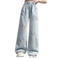 thumbnail image 1 of Huowey Girls Fashion Cute Personality Pants Elastic Waist Wide Leg Jeans Casual Demin Pants with Pockets, 1 of 8