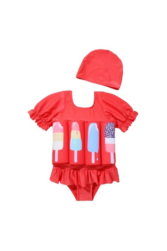 Girls Floatation Swimsuit Round Neck Short Sleeve Ruffled Dress 2 Piece Summer Pool Beach Water Cute Cartoon Print Floating Swim Suit Floatie Swimming Suits,Watermelon Red,2-3 Years