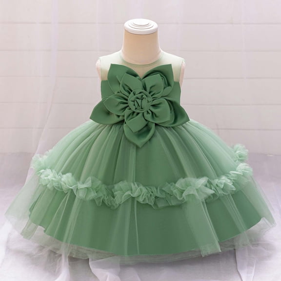 Huowey Girls Formal Dress 3D Floral Applique Sleeveless Satin Pageant Party Tutu Dresses Birthday Party Wedding Gowns,Green,18-24 Months