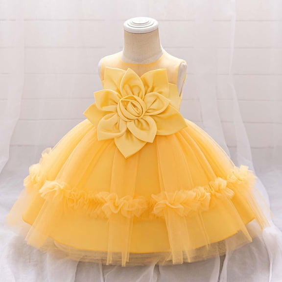 Huowey Girls Formal Dress 3D Floral Applique Sleeveless Satin Pageant Party Tutu Dresses Birthday Party Wedding Gowns,Yellow,6-9 Months