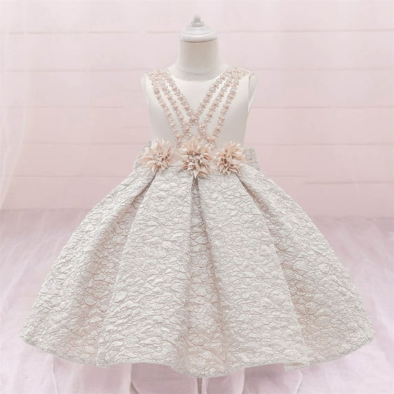 Huowey Girls Formal Dress Solid Color Sleeveless Round Neck Floral Embroidery Elegant Gowns Formal Party Wedding Dresses,Pink,8-9 Years