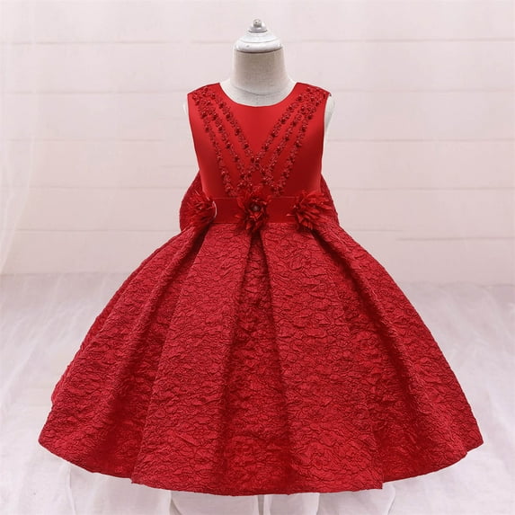 Huowey Girls Formal Dress Solid Color Sleeveless Round Neck Floral Embroidery Elegant Gowns Formal Party Wedding Dresses,Red,5-6 Years