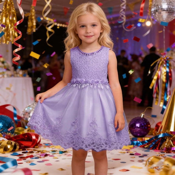 Huowey Girls Formal Party Dress Sleeveless Crewneck Floral Embroidery Lace Trim Tutu Elegant Dresses Wedding Gowns,Purple,4-5 Years