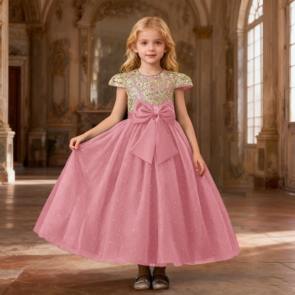 Huowey Girls Formal Sequins Dress Embroidery Cap Sleeves Round Neck Big Bow Long Tutu Dresses Party Gown For Birthday Celebration Elegant Gowns,Pink,9-10 Years