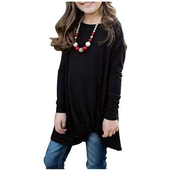 Huowey Girls Funny Shirts Solid Long Sleeve Crewneck Tunic Top Mid-Length Blouse T-Shirt Soft Tee Casual Comfy Dailywear,Black,12-13 Years