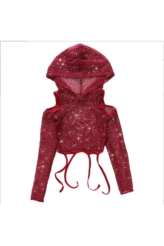 Girls Funny T Shirtsfashion Mesh Crop Top Long Sleeve Hoodies Hollow Out Sequins Dancewear Hop Cool Sweatshirt Streetwear Cute Trendy Tops ,Red,3-4 Years