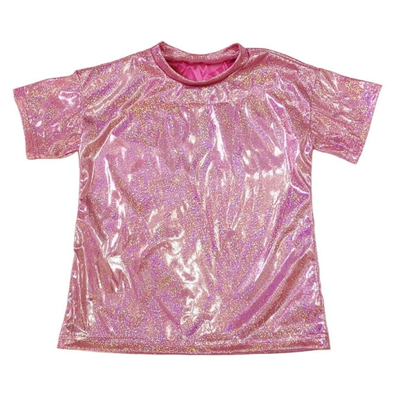 Huowey Girls Funny T Shirtssequins Shirts Short Sleeve Round Neck Gradient Shiny Glitter T-Shirt Performance Stage Dance Streetwear Athletic Baggy Tops,Hot Pink,15-16 Years