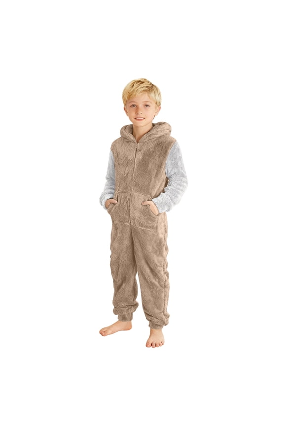 Girls Jumpsuits Christmas Fuzzy Wool Thermal Hooded Romper Color Block Zipper One Piece Bodysuits Jumpsuit Winter Warm Soft Thick Lined Sofy Cozy Dailywear,Brown,5-6 Years