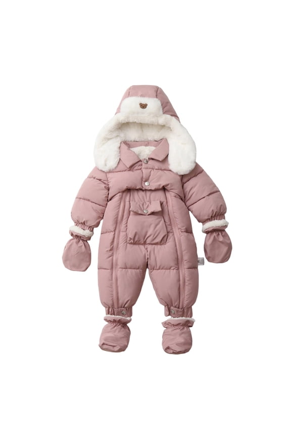 Girls Jumpsuits Winter Bodysuit Thick Fuzzy Wool Lined Padded Warm Romper Solid Color Full Zipper Up Hooded Long Sleeve Footed Bodysuit Romper Soft Cozy Thermal Dailywear,Pink,0-3 Months