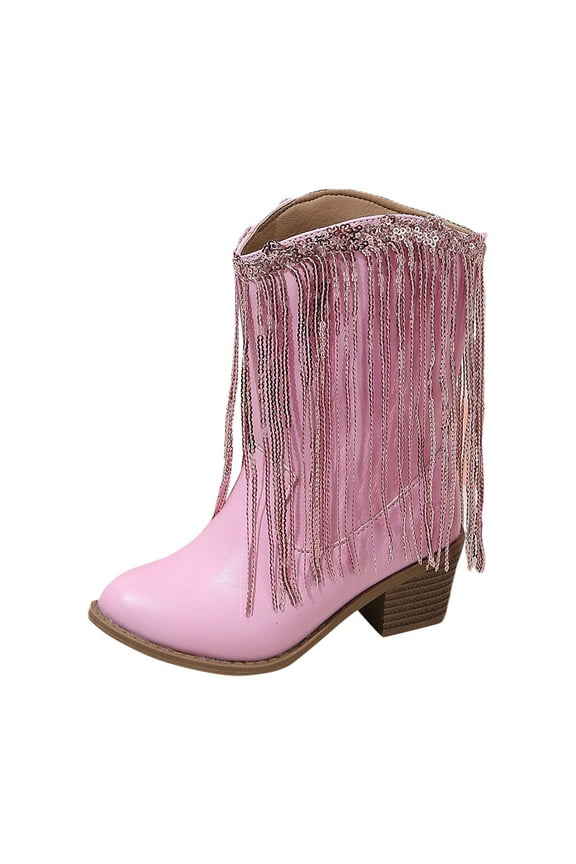 Girls Kids Boots Cowboy Boots Solid Color Leather Fashion Shoes Girls High Heels Waterproof Easy On Tassel Princess Boots For Fall Winter Casual Booties,Red,7-8T