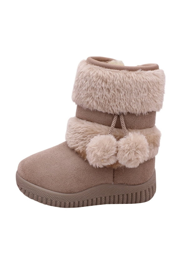 Girls Kids Boots Snow Ankle Boots Thick Soles Non Slip Solid Color Side Zipper Bow Fuzzy Warm Comfortable For Winter Mid Calf Footwear,Beige,11-11.5T