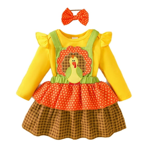 Huowey Girls Kids Cute Jumpsuit Fall Winter Ruffled Long Sleeve Cartoon Pattern Romper And High Waist Double-Layer Bodysuit Suspender Skirts With Headband Outfits Outwear Sets,Yellow,3-6 Months