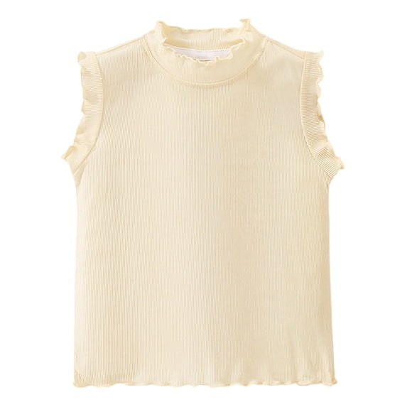 Huowey Girls Kids Ribbed Knit Tank Top Shirts Solid Color Ruffles Trim Sleeveless Top Neck Lightweight Summer Vest Basic Tee Tops Blouses Stylish Soft Shirts,Beige,2-3 Years