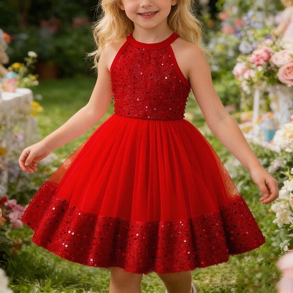 Huowey Girls Kids Sparkly Sequin Dress Summer Party Gown A-Line Sleeveless High Waist Tiered Ruffle Elegant Birthday Wedding Party Gown Tutu Nidi Dresses Special Occasions,Red,3-4 Years