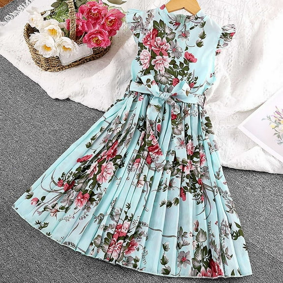 Huowey Girls Kids girl'S Casual Summer Floral Dress Ruffles Flowy Sleeveless High Waist Flower Print Pleated Long Dresses A-Line Breathable Cozy Dailywear Ruched Sundress,Blue,4-5 Years