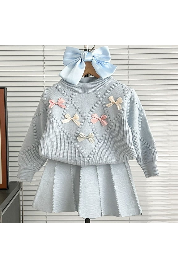Girls Knit Sweater Set Spring Outfits For Toddler Kids Long Sleeve Crewneck Cute Bows Pullover Top And Pleated Mini Skirts Soft Casual Embroidery Elegant Two Piece Clothes,Blue,3-4 Years