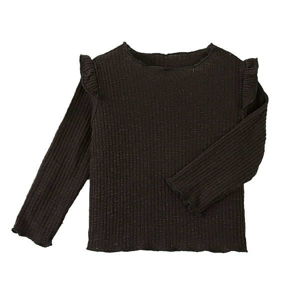 Huowey Girls Knitted Shirts Long Sleeve Round Neck Tshirt Ruffle Sleeve Tunic Comfortable Breathable Stylish Tops Outwear,Black,2-3 Years