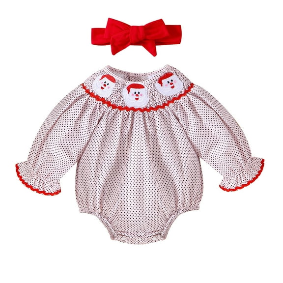 WAYUTE Girls Long Sleeve Christmas Cartoon Embroider Pullover Romper Bodysuits Headbands Set