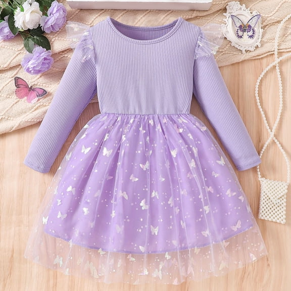 Huowey Girls Long Sleeve Dresses Knitted Patchwork Long Sleeves Full Butterflies Pattern Tutu Dress Gown Formal Attire Clothes,Purple,5-6 Years