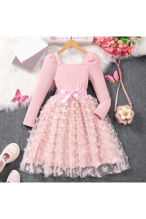 Girls Long Sleeve Dresses Square Collar Puff Sleeves Full Butterflies Pattern Tutu Dress Gown Formal Attire Clothes,Pink,9-10 Years
