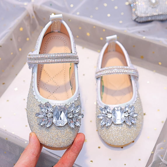 Huowey Girls Mary Janes Princess Dress Shoes School Uniform Solid Color Elastic Strap Sparkly Sequin Flats Leather Shoes Little Girls Non Wedding Party Dancing Dailywear,White,6-6.5 Years