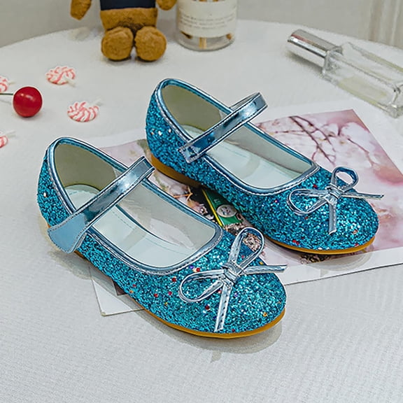 Huowey Girls Mary Janes Princess Dress Shoes School Uniform Solid Color Elastic Strap Sparkly Sequin Flats Leather Shoes Little Girls Non Wedding Party Dancing Barefoot Shoes,Blue,4-4.5 Years