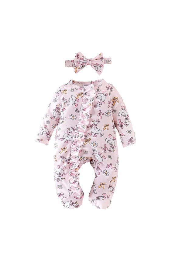 Girls Outfits Jumpsuit Long Sleeve Floral Romper With Cute Cartoon Print Bodysuit Matching Headband Sets Girls Cute Clothing Set,Red,0-3 Months