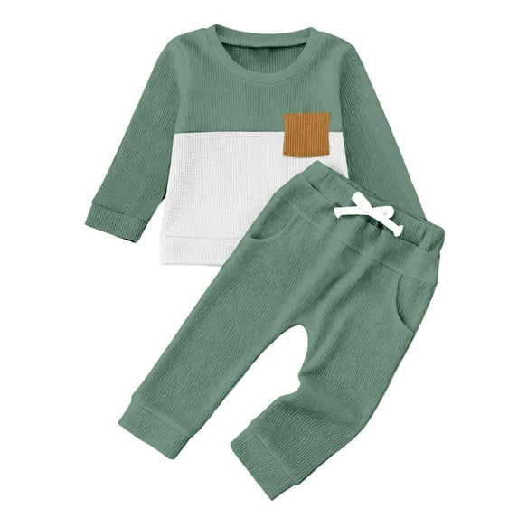 Huowey Girls Outfits Sweatshirt Set Long Sleeve Color Block Crewneck Pullover Sport Trousers Cozy Suit Fall Winter Clothing For Girls,Green,12-18 Months