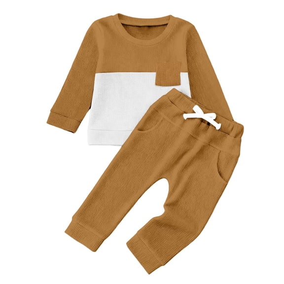 Huowey Girls Outfits Sweatshirt Set Long Sleeve Color Block Crewneck Pullover Sport Trousers Cozy Suit Sweatsuit Clothing Sets,Brown,0-6 Months