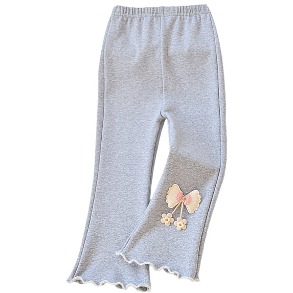Huowey Girls Pants Leggings Winter Spring Warm Footless Thick Fuzzy Lined Bottoms Tights Cozy Flared Trousers Solid Color Cute Polka Dot Bows Layered Pantyhose For Toddler,Light Gray,4-5 Years