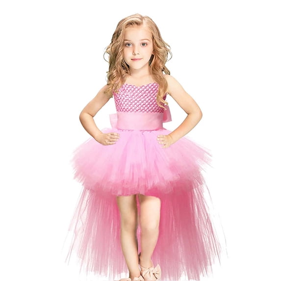 Huowey Girls Party Wedding Dresses Sleeveless Elegant Rainbow Color High Low Tiered Layered Tutu Dress Toddler Kids Knitted Patchwork Performance Outfit Spring Summer Gowns,Pink,6-7 Years