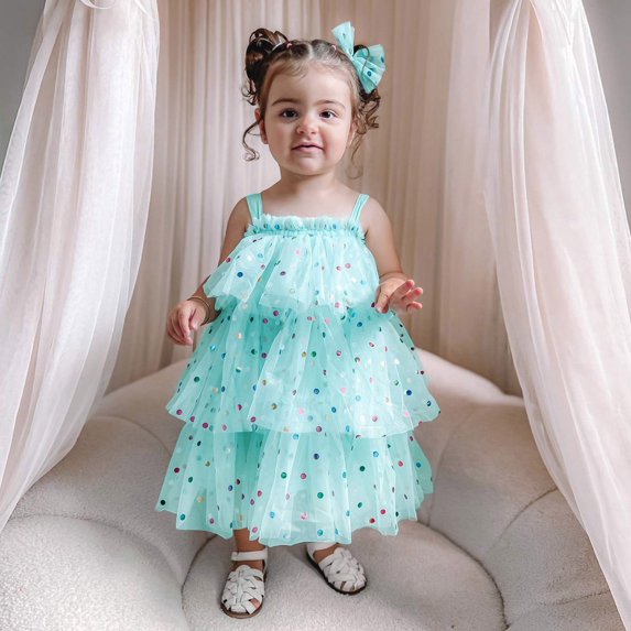 Huowey Girls Polka Tiered Dress Tutu Strapless Sleeveless Formal Wedding Party Gown Layered Solid Color High Waist Dresses Clothes,Blue,18-24 Months